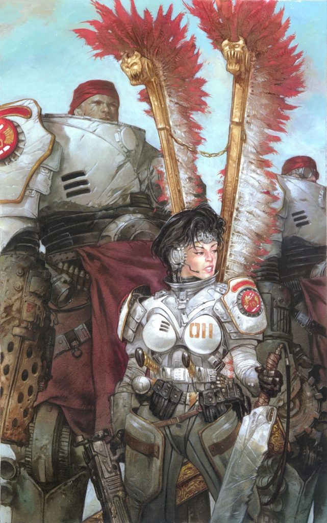 «Ангелы света». Бойцы в броне — персонажи моего цикла о Пустых землях. В работе над картиной мне было особенно интересно придумывать броню для героев.