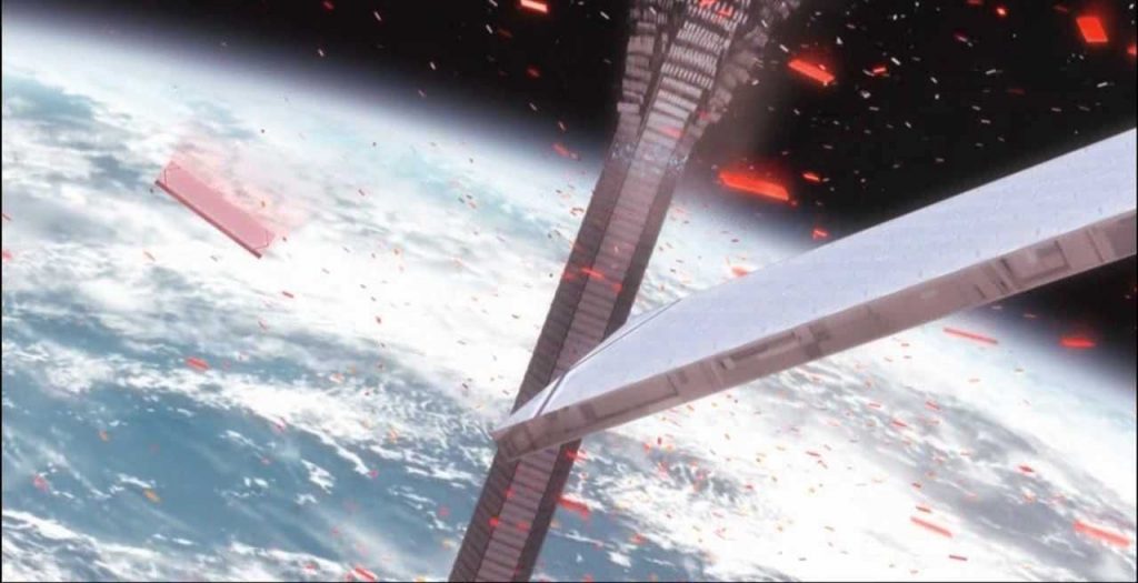 В околоземном пространстве трос лифта будет постоянно повреждаться микрометеоритами и подвергаться опасности столкновения с «космическим мусором» (кадр из аниме Gundam 00)